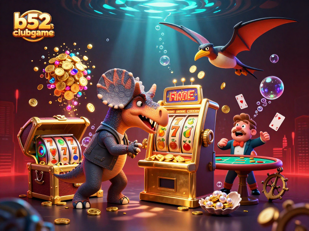 Experience the excitement of b52clubgame with cartoon dinosaurs at a lively casino slot machine.