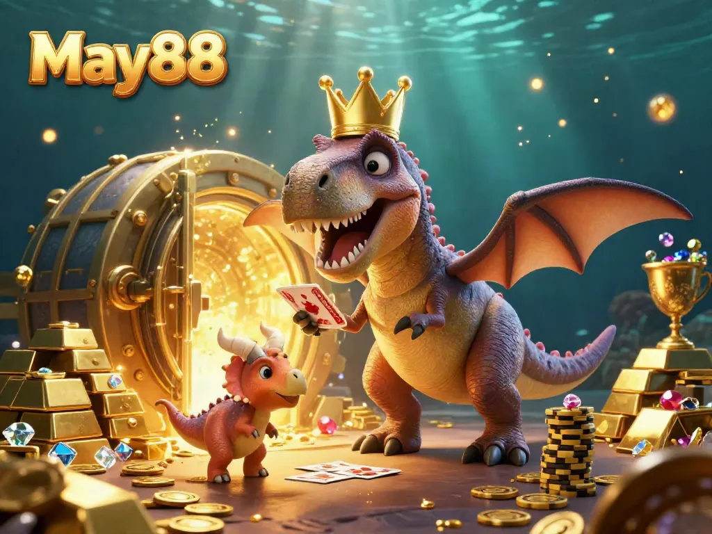 Experience May88's exciting T-Rex card dealer in a vibrant casino scene filled with treasures.