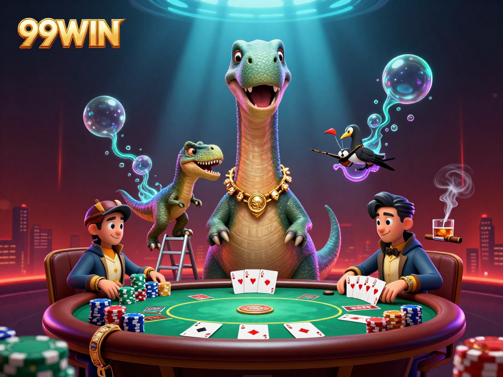 Bet big at 99WIN with a playful dinosaur and raptor dealer amidst colorful poker elements.