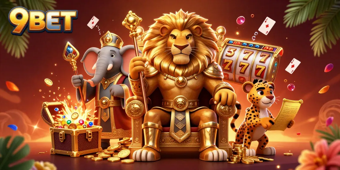 Join the excitement of 9BET with a vibrant scene of casino adventure featuring slots and a golden lion king.