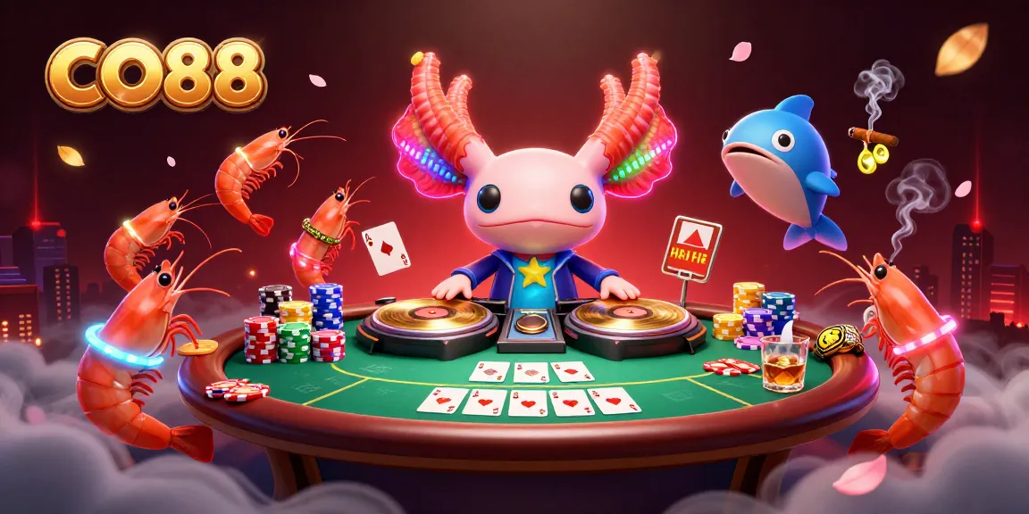Experience CO88 with a vibrant underwater casino scene featuring a DJ axolotl and animated sea creatures.
