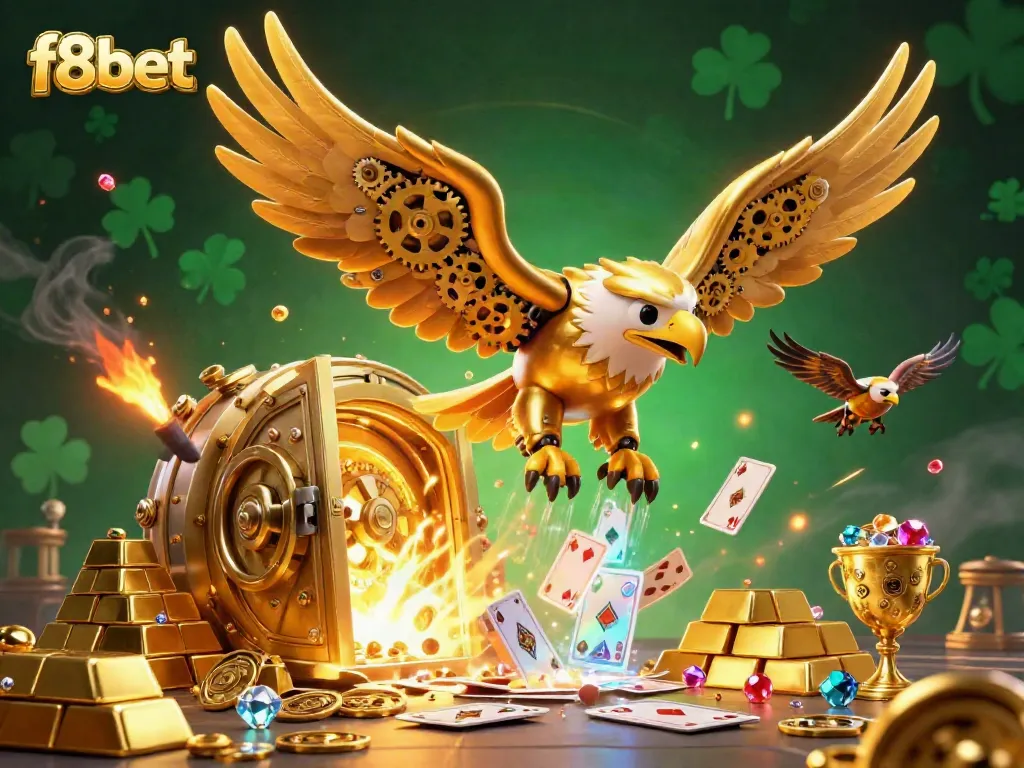Experience the thrill of f8bet with a cybernetic eagle soaring through a treasure-filled casino.