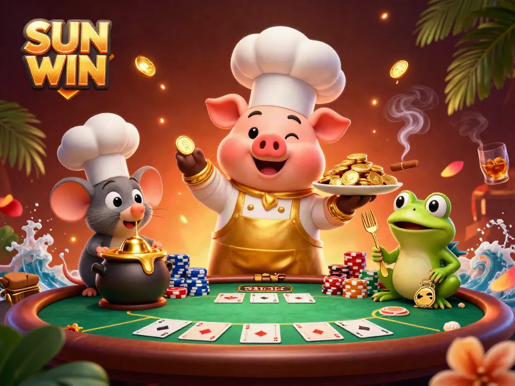 Engage with SUN WIN through a vibrant casino scene featuring cartoon characters and gold coins.