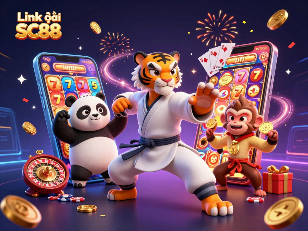 Link vào SC88: Exciting scene with kung fu animals and dynamic casino elements.