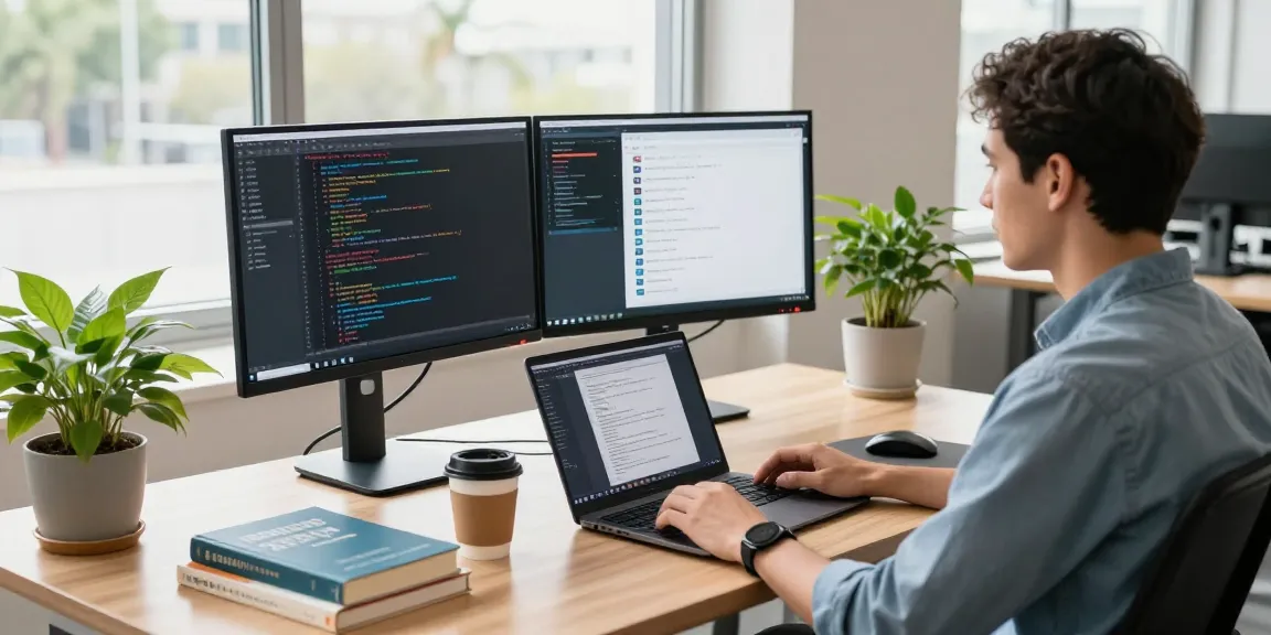 Developer working on WhatsApp下載 at a modern workspace with dual monitors and code.