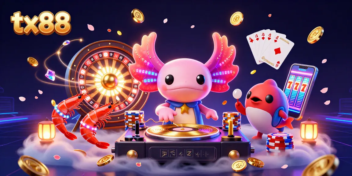 Experience thrilling gaming action at tx88 with a vibrant underwater casino scene featuring a DJ axolotl and dynamic game elements.