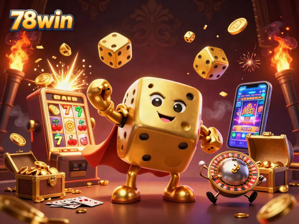 Engage in thrilling casino action with 78win's vibrant 3D illustration of a golden dice golem and jackpot elements.