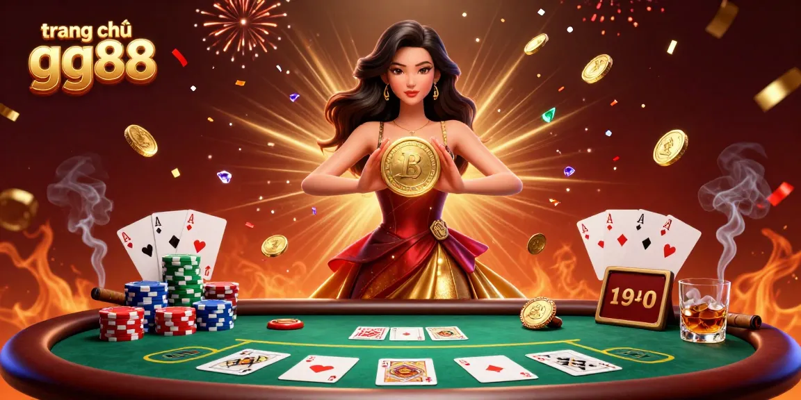 Experience the excitement at trang chủ gg88 with stunning online casino visuals featuring a glamorous Asian woman holding golden coins.