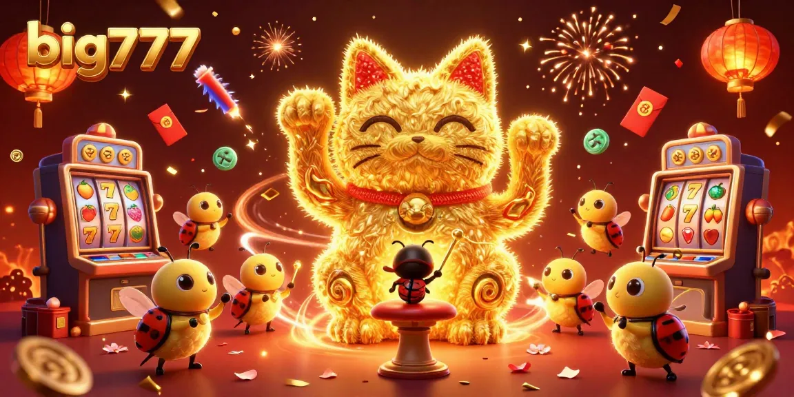 Experience excitement with big777's animated lucky cat and casino symbols in a vibrant 3D scene.