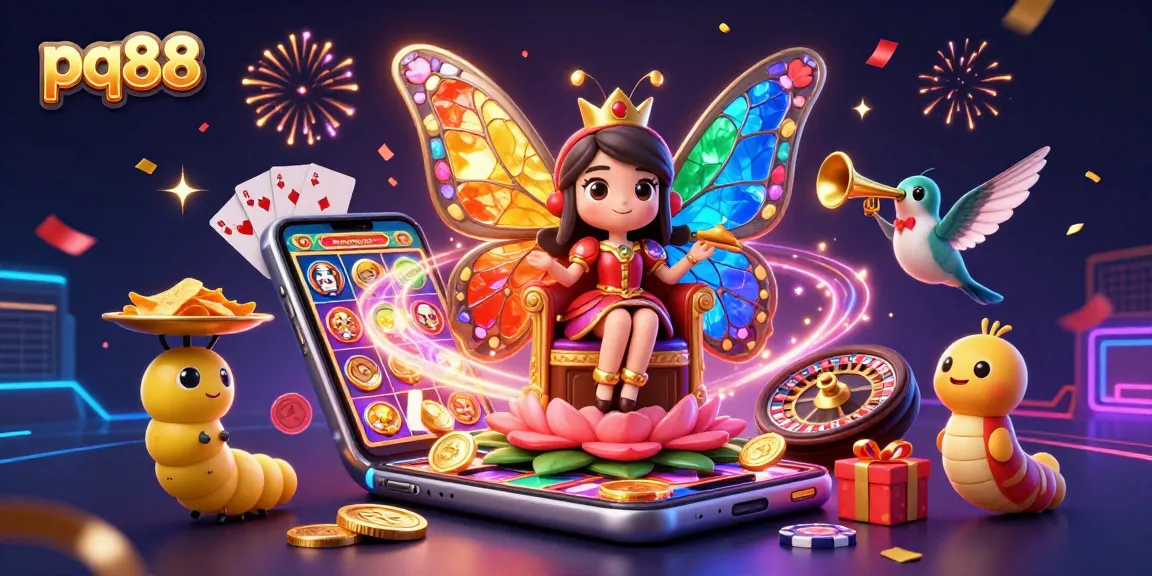 Experience the vibrant world of pq88 with this engaging 3D casino illustration featuring a butterfly queen and gaming elements.