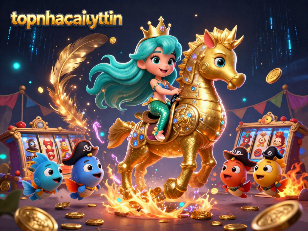 Join the exciting world of topnhacaiuytinn with a colorful 3D depiction of mermaids and casino elements.