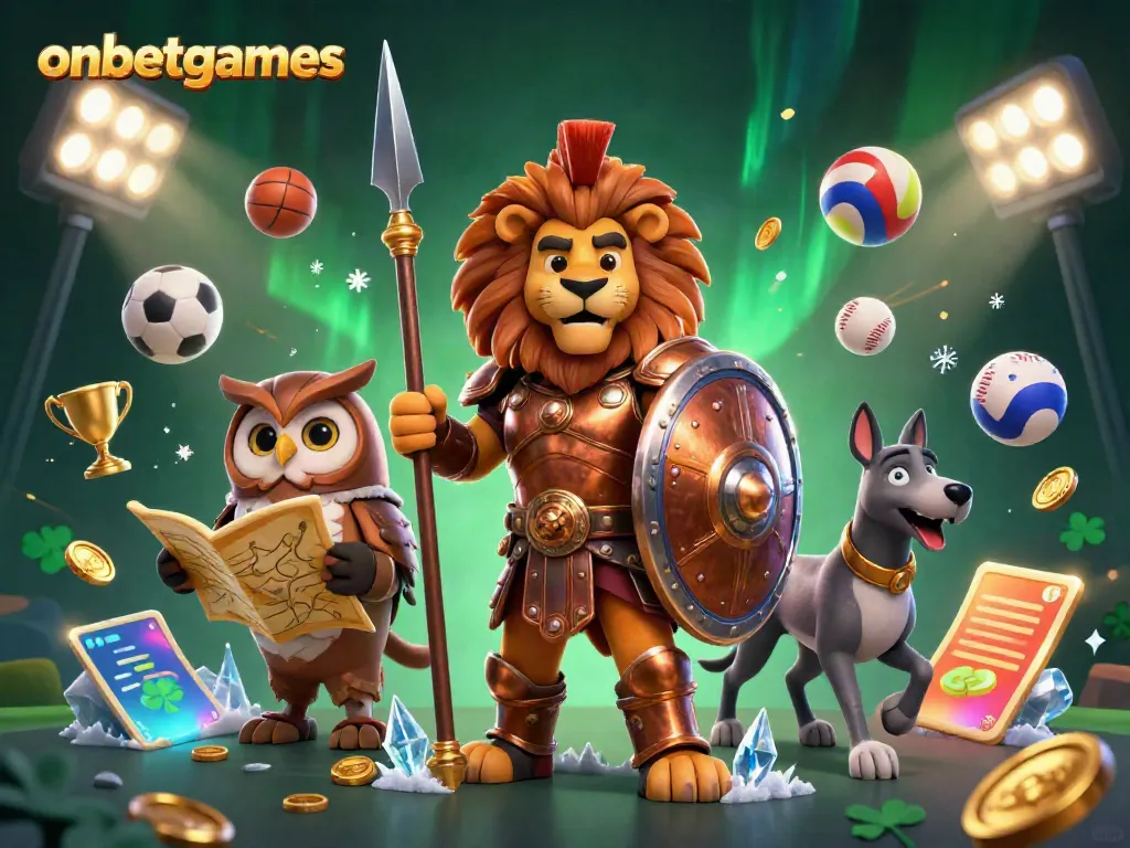 Engaging onbetgames scene with Spartan lion, tactical owl, and greyhound amidst gambling excitement.