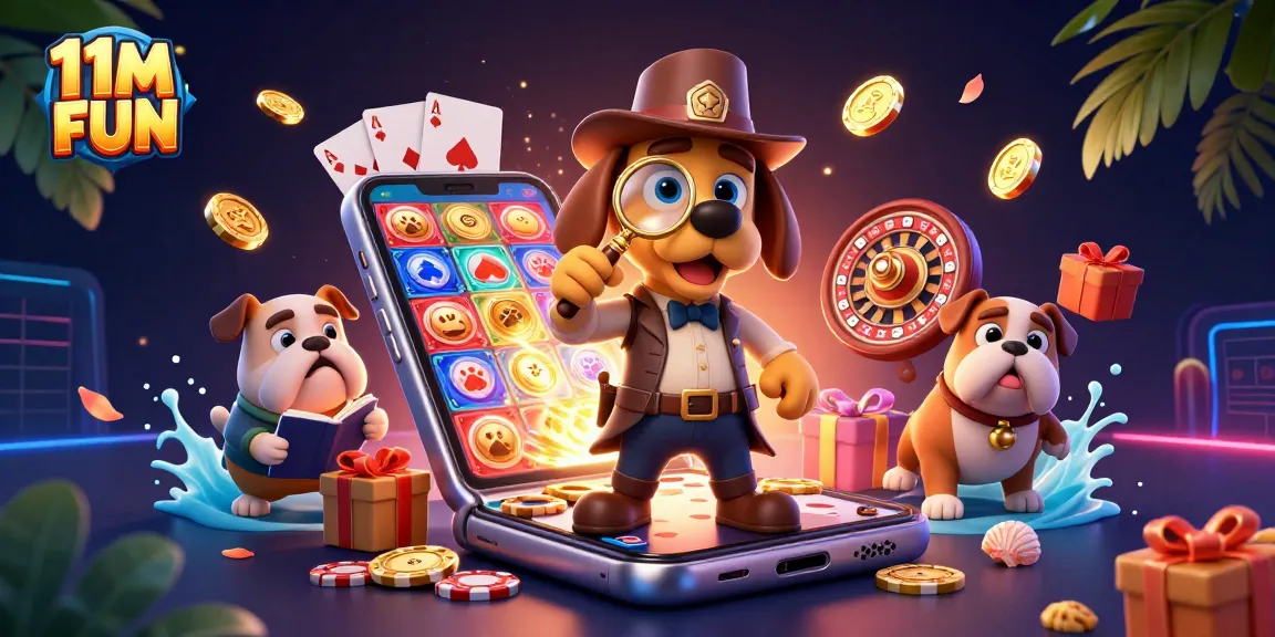 Experience thrilling gameplay with 11M FUN in a vibrant gambling scene featuring detective characters.