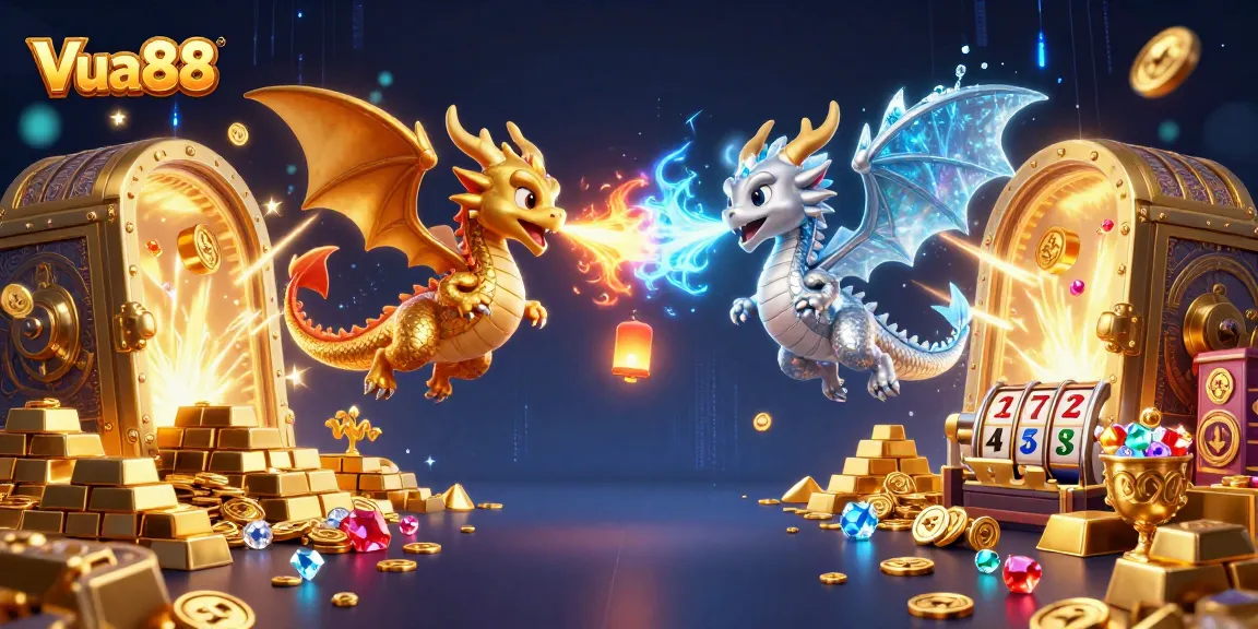Engage with Vua88's thrilling casino atmosphere featuring dragons swirling amidst treasures and slot symbols.