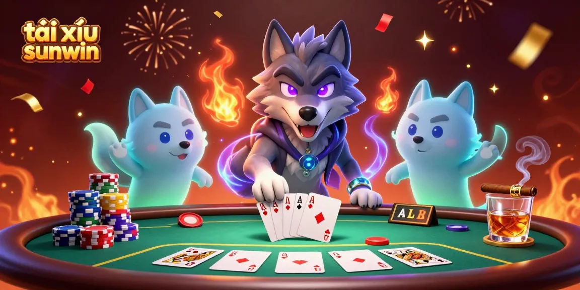 Tài xỉu sunwin gameplay unfolding with a colorful poker table, vibrant chips, and enchanted wolves.