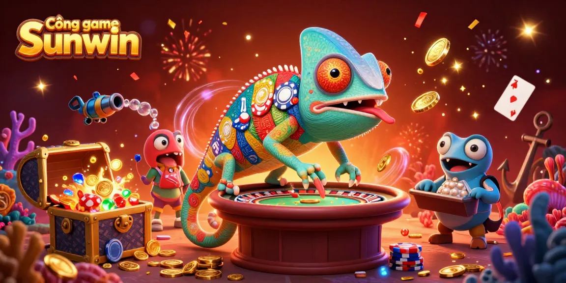 Cổng game Sunwin brings vibrant casino action with a colorful chameleon owner and dynamic game elements.