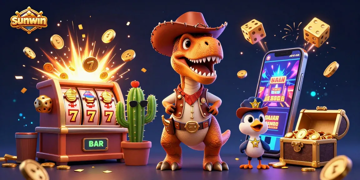 Experience the excitement of sunwin with dynamic casino elements and vibrant characters in a spectacular 3D scene.