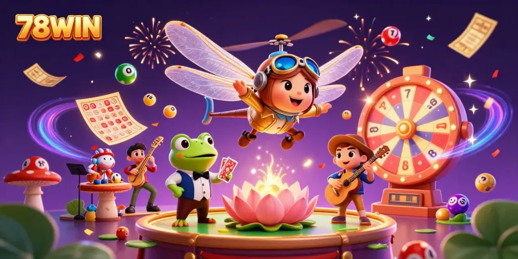 Immerse in the vibrant action as 78WIN brings a lively casino scene with a cartoon dragonfly pilot, a frog croupier, and celebrating musicians.