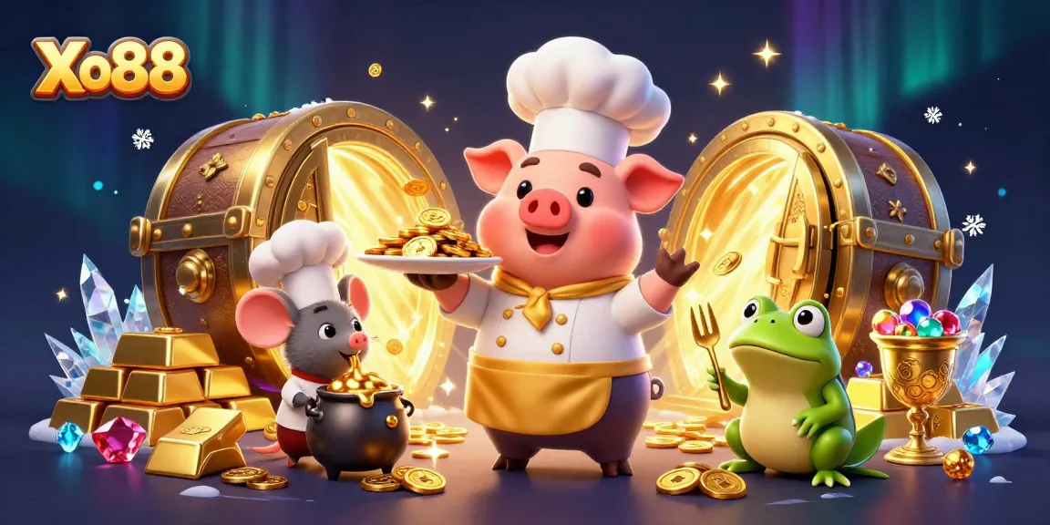 Xo88 chef pig serving gold coins in a dynamic casino scene with vibrant characters and treasure
