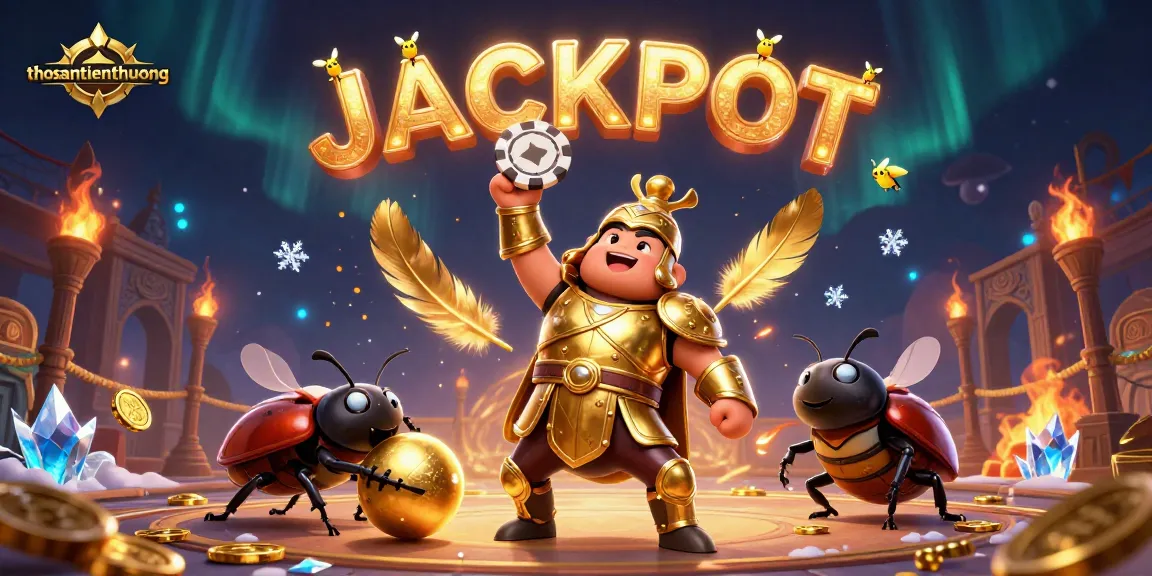 thosantienthuong ignites excitement with a 3D beetle in armor lifting a poker chip, revealing jackpot treasures.