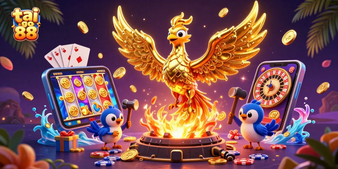 Play slots and win big with tai go 88, featuring a dynamic scene of golden phoenix and gaming elements.