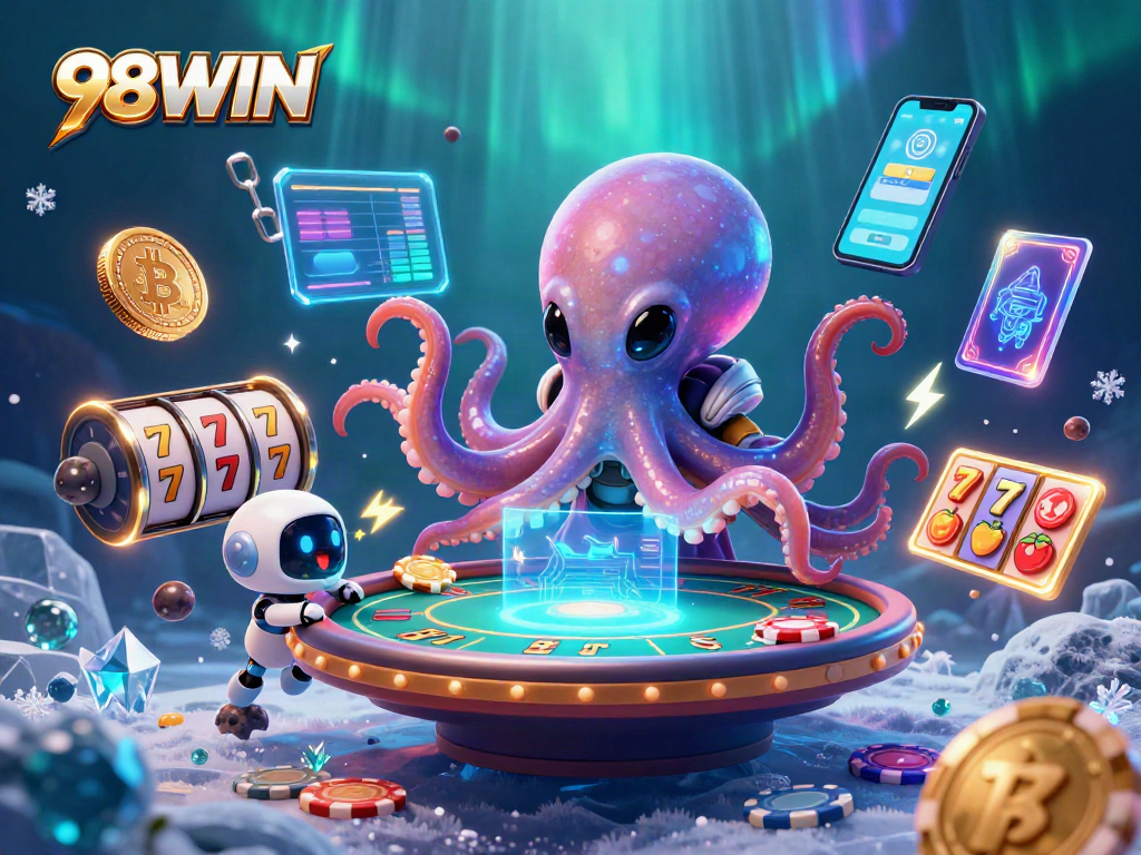 Experience the excitement of 98WIN with an alien octopus at a holographic poker table surrounded by crypto elements.