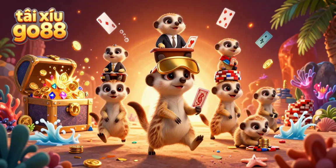 Engage in exciting tài xỉu go88 action with a playful meerkat casino crew amidst treasure and vibrant games.
