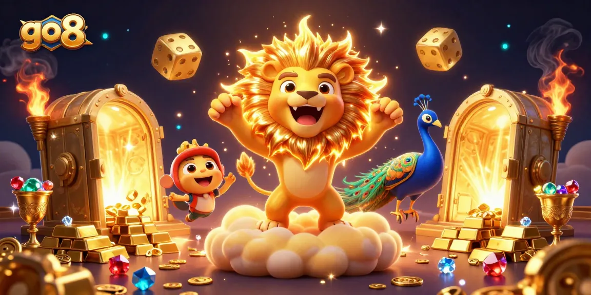Play thrilling games and win with go 8, featuring a vibrant casino scene with treasures and excitement.