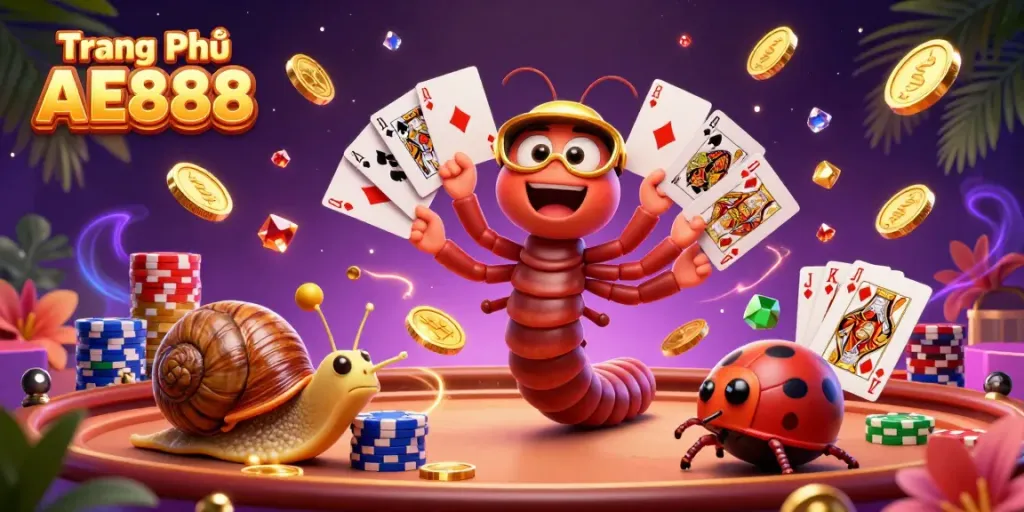 Engage with the dynamic and vibrant scene from Trang Chủ AE888, showcasing a lively casino atmosphere with a unique dealer and vibrant game elements.