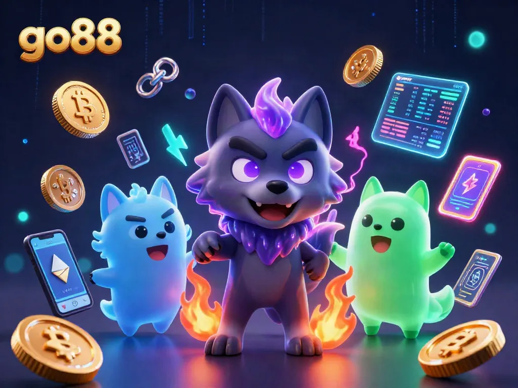 Join the excitement at go88 with a shadow wolf leader amidst crypto coins and casino elements!