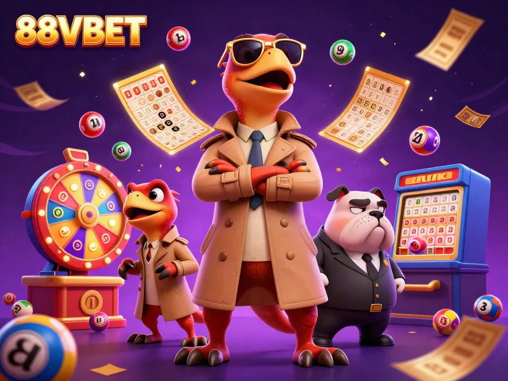 88VBET unveils cartoon raptors at a VIP casino entrance among vibrant lottery elements.