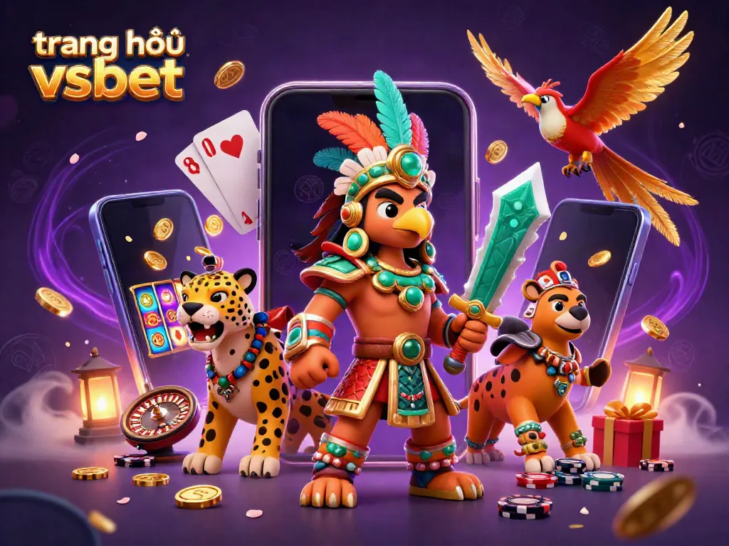 Experience the thrill at trang chủ vsbet with our vibrant 3D casino illustration of Aztec warriors and gaming elements.