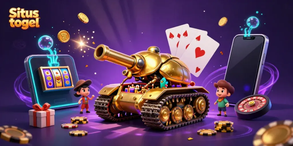 Situs togel illustration showing a vibrant casino scene within a golden beetle tank.