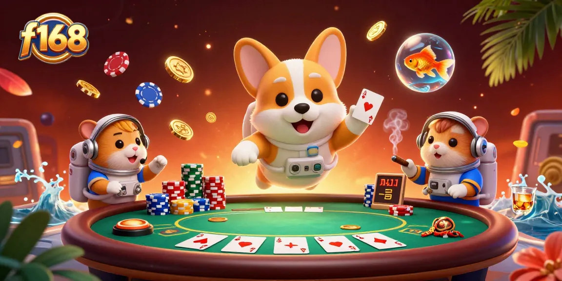 f168 casino action scene with a playful astronaut corgi, poker chips, and golden coins drifting around.