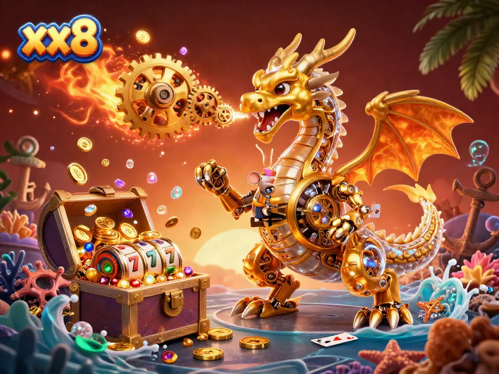 Engage with the vibrant xx8 casino world featuring a golden dragon amidst gold coins and jackpot reels.