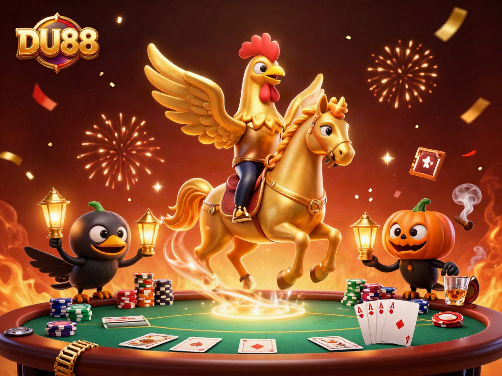 Experience exciting DU88 gameplay with a golden rooster and poker elements in a vivid casino scene.