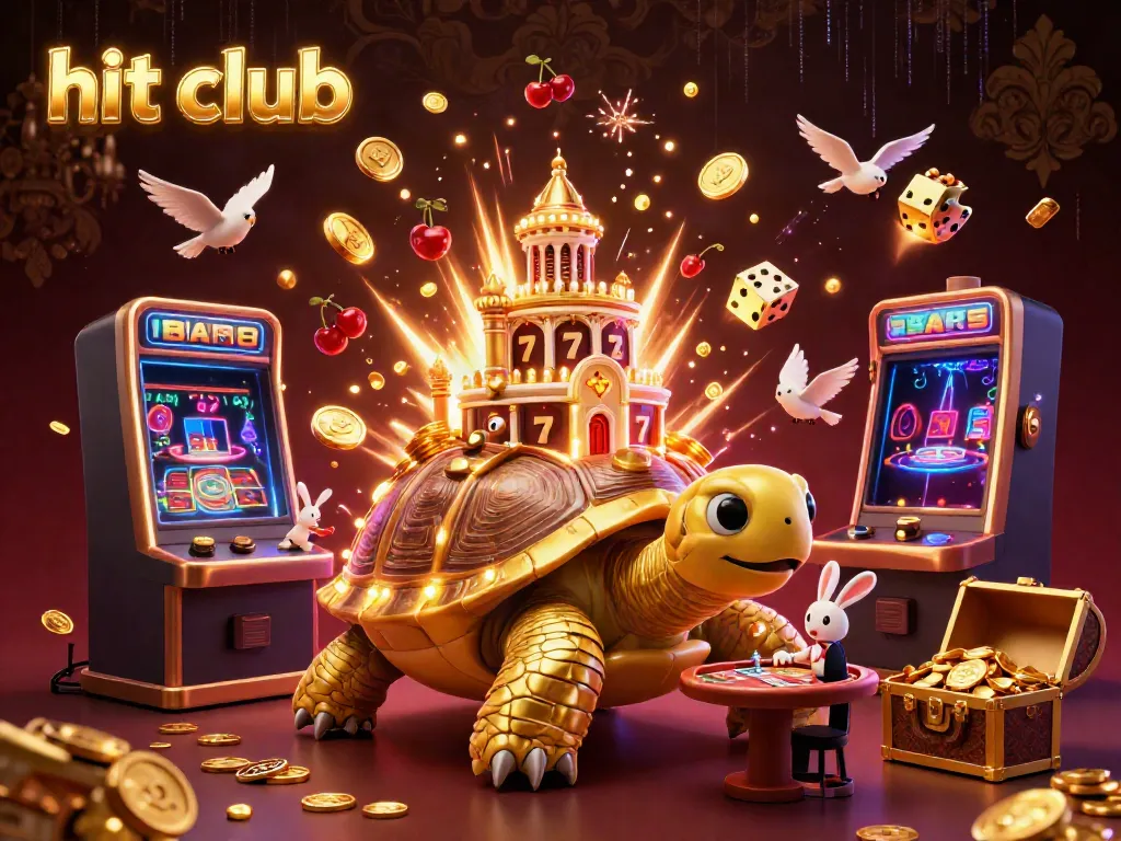 Win big at hit club with vibrant casino-themed 3D illustration featuring golden tortoise and rabbit dealer.