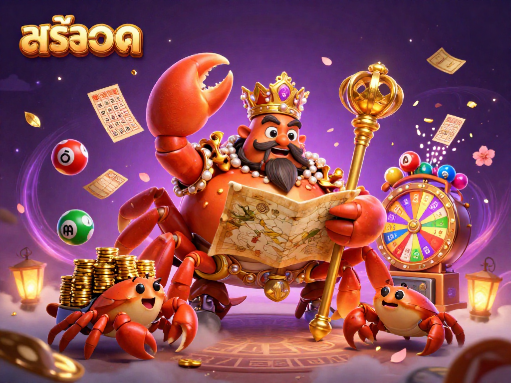 Engage withสล็อต in this vibrant 3D illustration featuring a golden crab emperor and exciting casino elements.