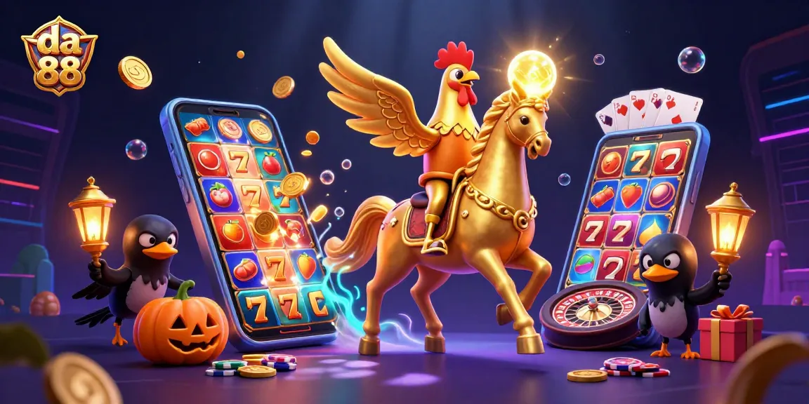 Engage with da 88's thrilling slots experience as a golden rooster leads in a vibrant casino.