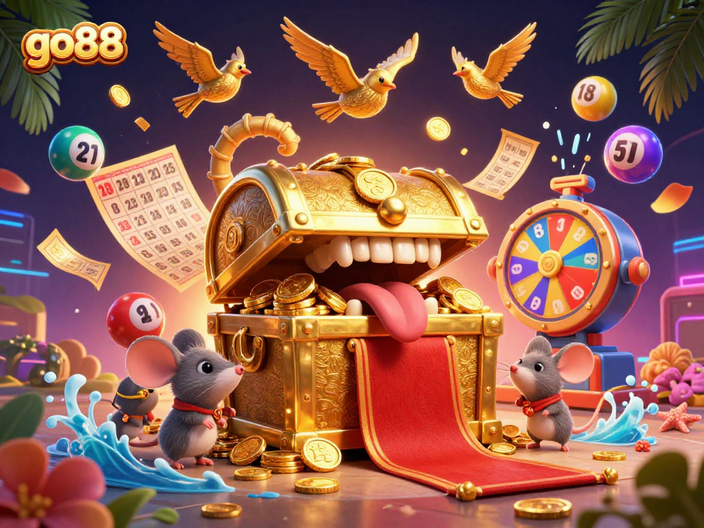 Join the excitement with go88 as lottery balls bounce and tickets flutter in a vibrant casino scene.