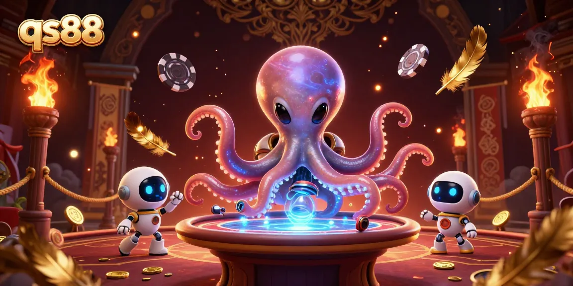 Experience thrilling gameplay at qs88 with an alien octopus and its robot companion at a holographic poker table amidst vibrant casino elements.