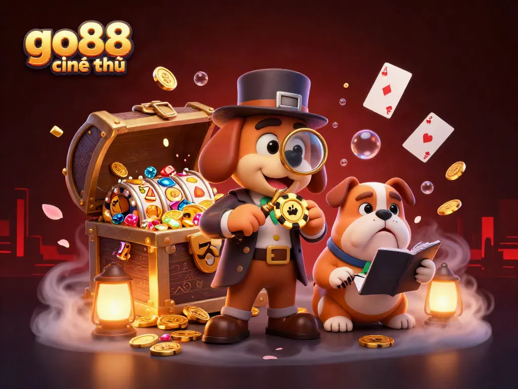 Engage with go88 chính thức through a vibrant 3D illustration featuring a detective bloodhound and golden poker chips.