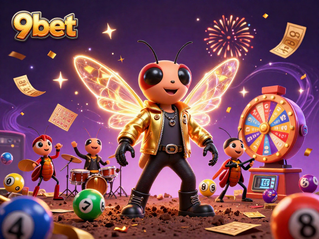 Experience the thrilling excitement of 9bet with colorful lottery action and festive characters in a dazzling scene.