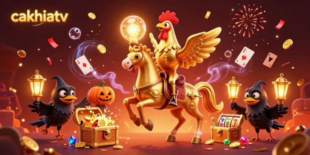 Experience cakhiatv's energetic casino scene with a golden rooster and pumpkin-headed crows amid floating cards and gold.