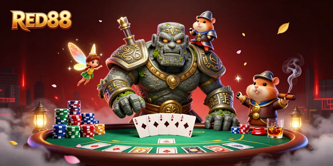 Experience thrilling action with RED88 as a golem guardian and hamster knight take center stage in this energetic casino scene.