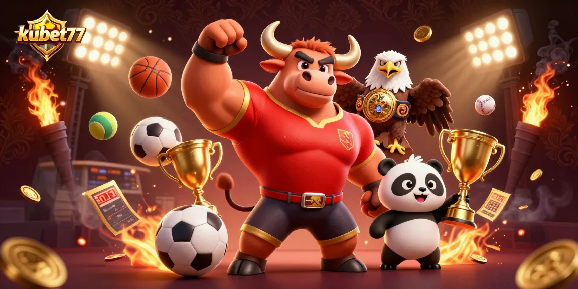 Win big with kubet77: A thrilling 3D scene featuring sports and gaming mascots celebrating victory.