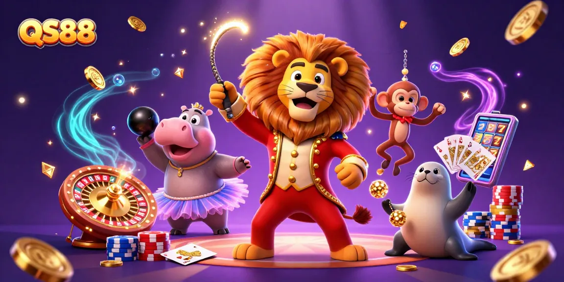 Experience thrilling gameplay at QS88 with a vibrant 3D casino scene featuring lively characters and dazzling game elements.