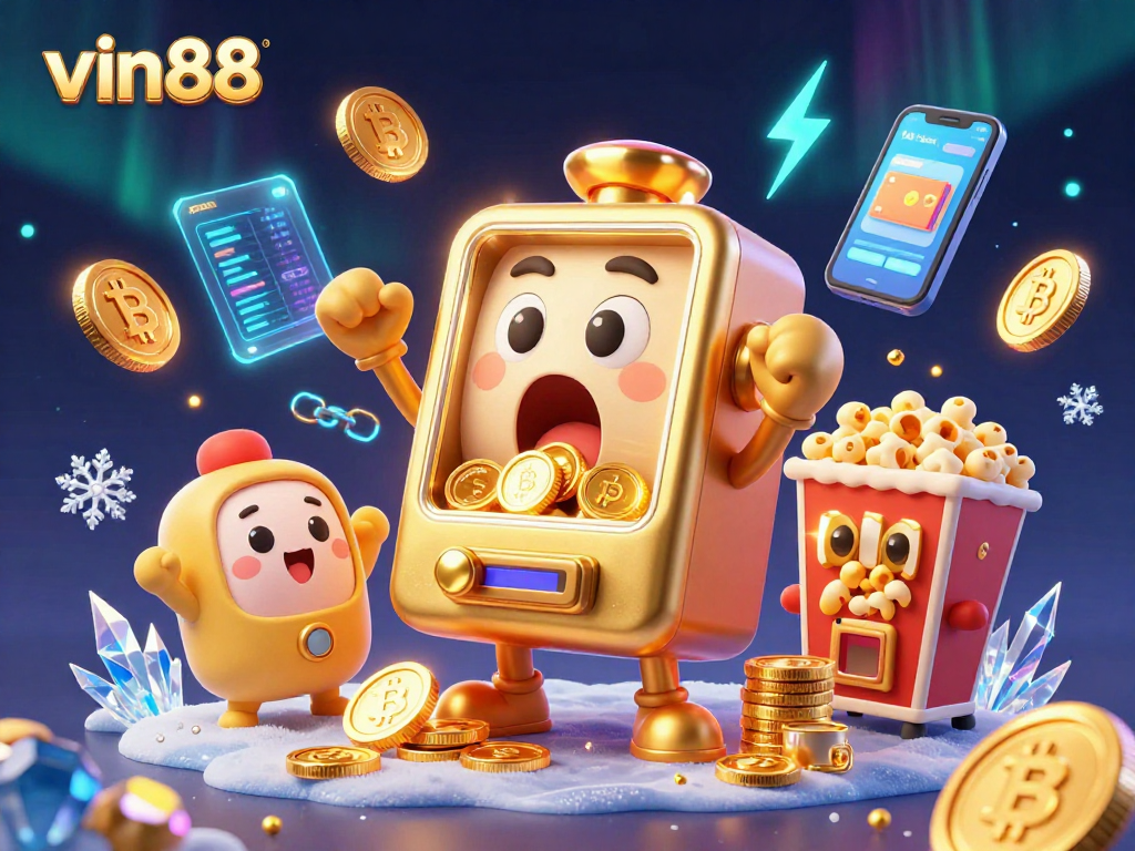 Play exciting games with vin88, where a stunning slot machine hits a jackpot amidst a vibrant 3D casino.