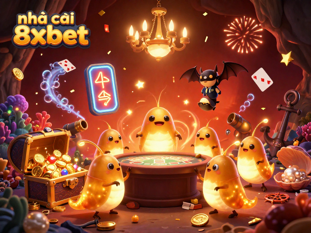 Experience the vibrant arena of nhà cái 8xbet with a team of glowworms illuminating the casino scene while a bat dealer oversees the action.