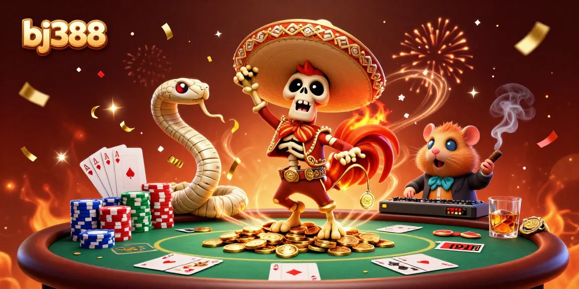 Engage with bj388 as the skeleton mariachi rooster dances among coins at a lively poker scene.